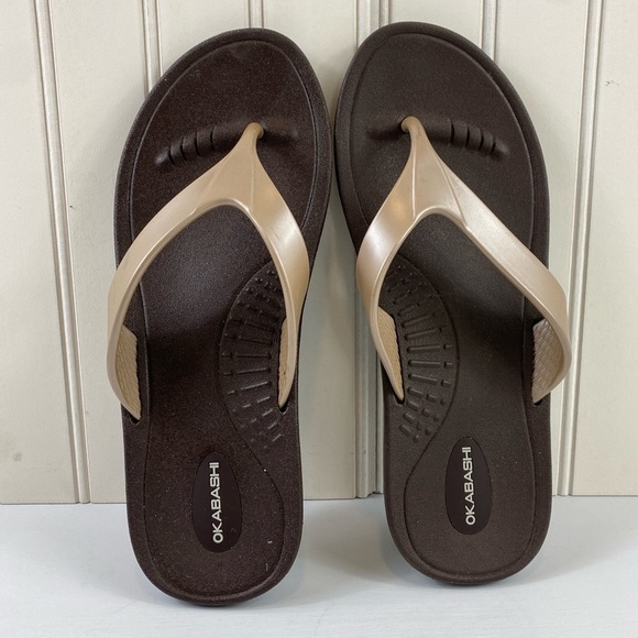 Okabashi Marina Women’s Open Toe Synthetic Brown Gold Thong‎ Sandals (M/L) - Picture 3 of 11